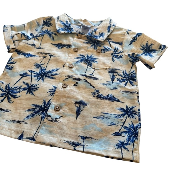 Little Lad 12M Baby Boy Outfit 2PC Set Blue beige Palms Tropical Nautical - Picture 3 of 5